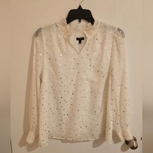 TALBOTS Smocked Blouse Cheerful Dots Womens Size PL White  Ivory Silver Coquette